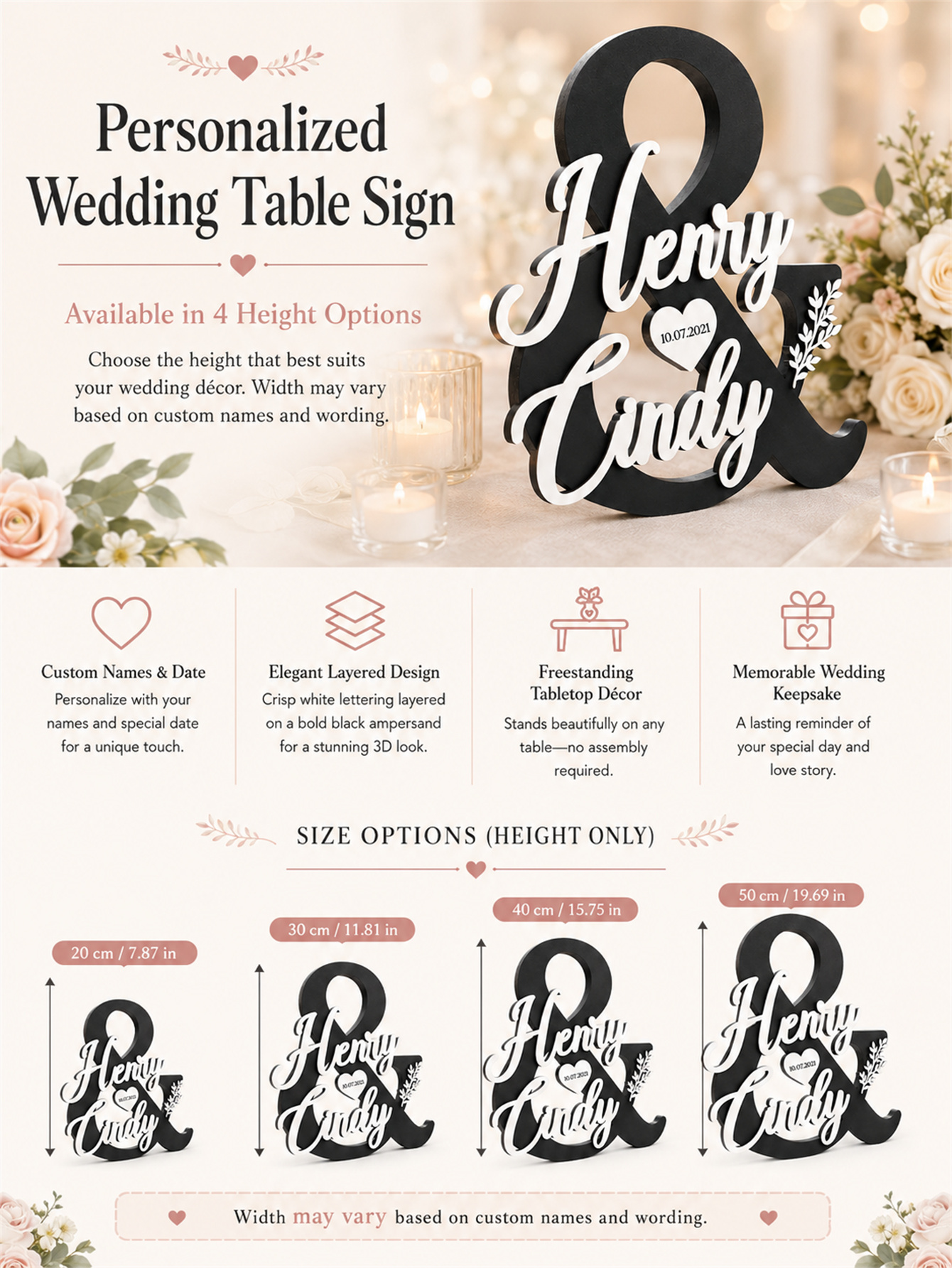 Elegant personalized wedding logos - custom layered name table decorations and date hearts, romantic independent wedding souvenirs, ceremonies and receptions